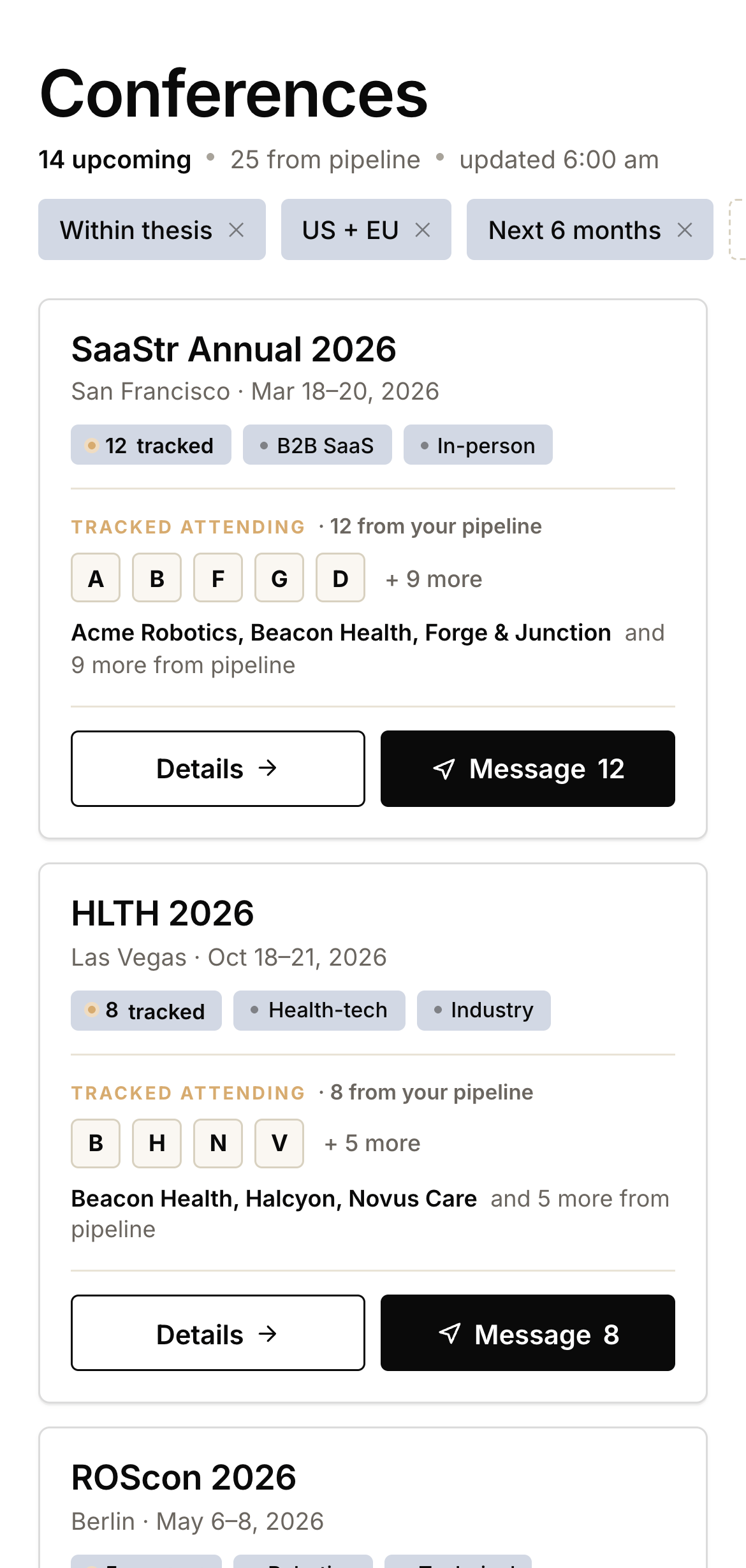 Conferences mobile screen — upcoming events with attendee outreach