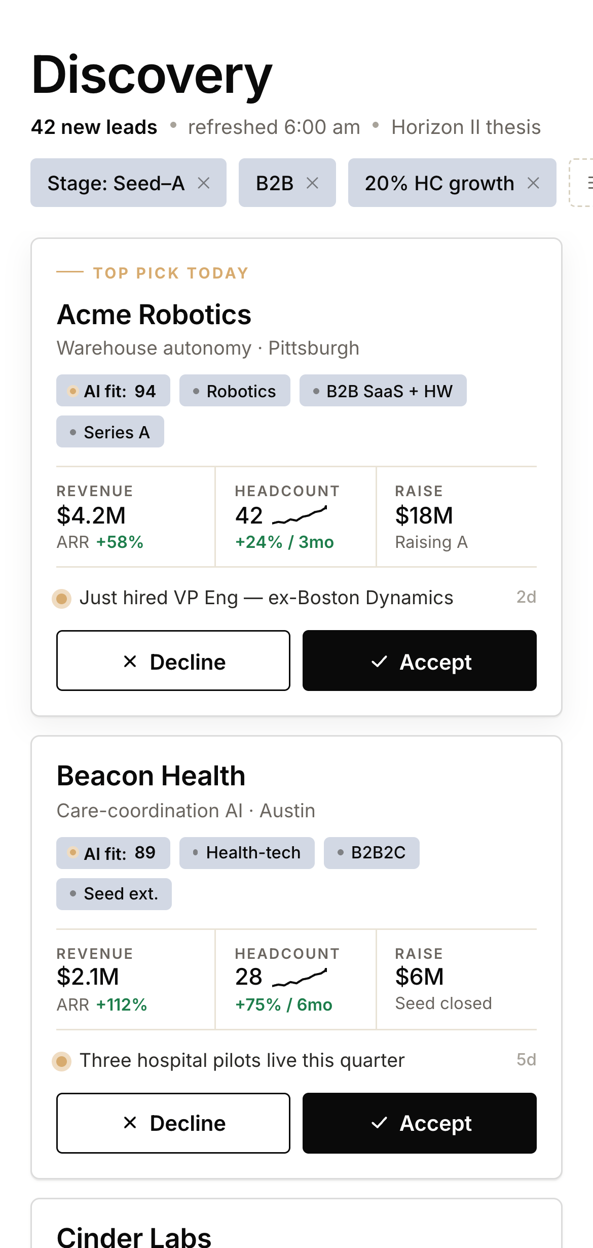 Discovery mobile screen — ranked lead cards with AI fit score