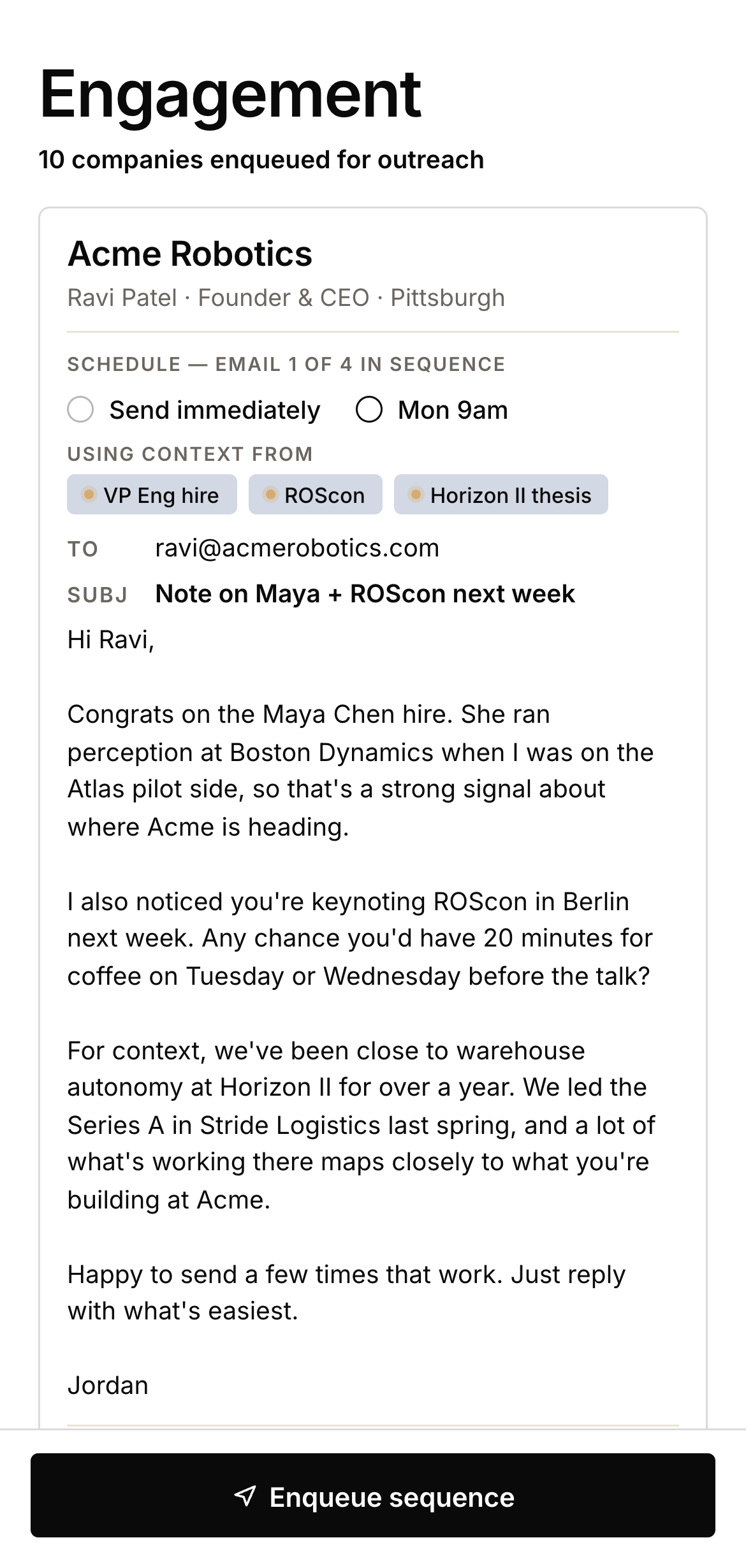 Engagement mobile screen — AI-generated outreach sequences