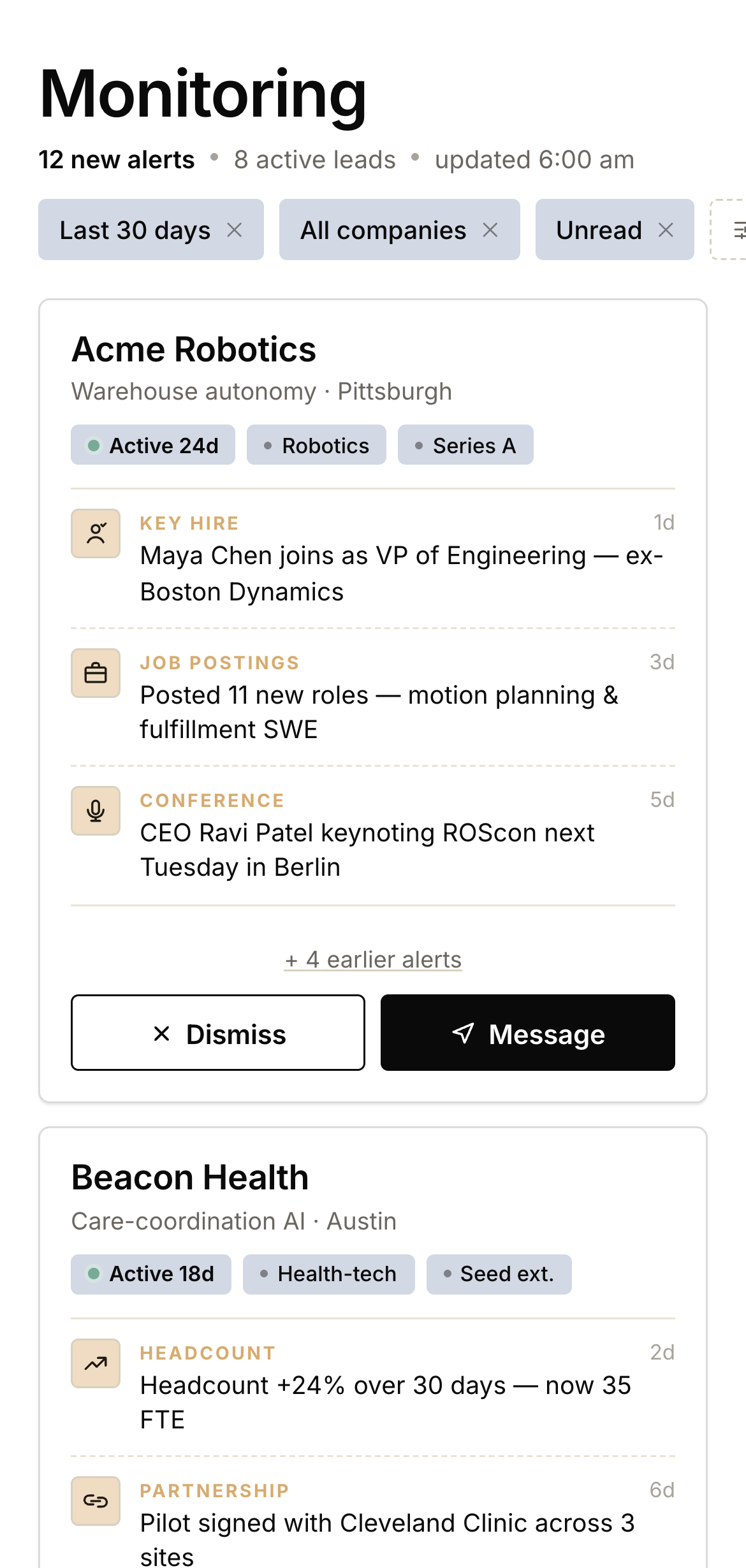 Monitoring mobile screen — signal-based alerts on tracked leads